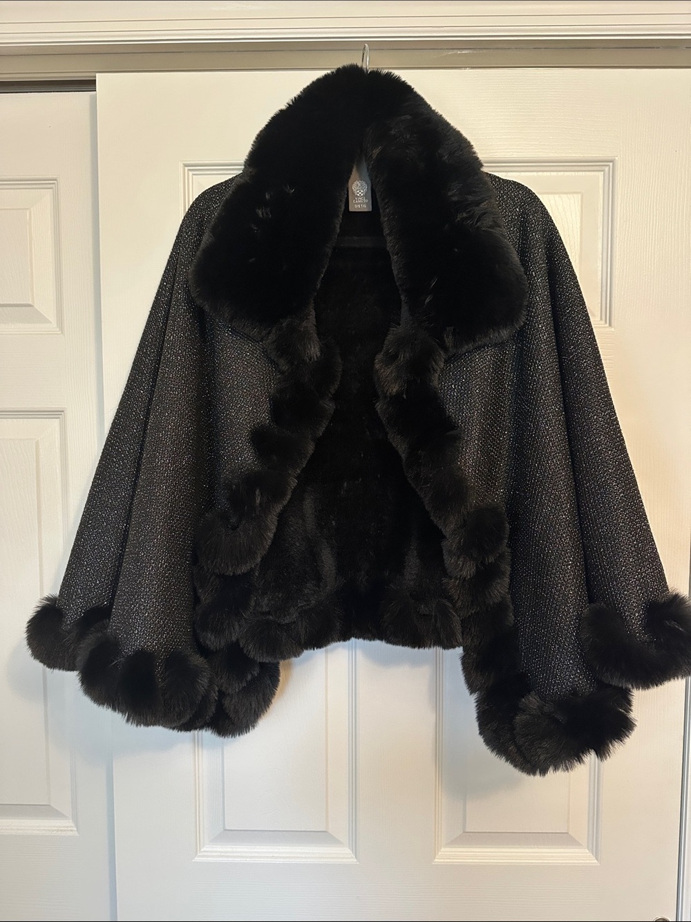 Vince Camuto Black Faux Fur-Trim Cape